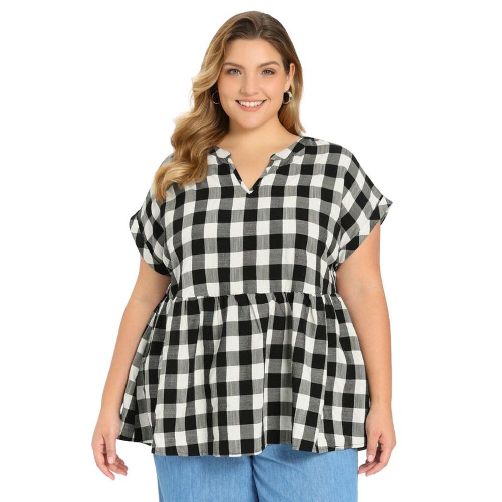 Women Plus Size Summer Gingham Notch V Neck Babydoll Peplum Blouse Black